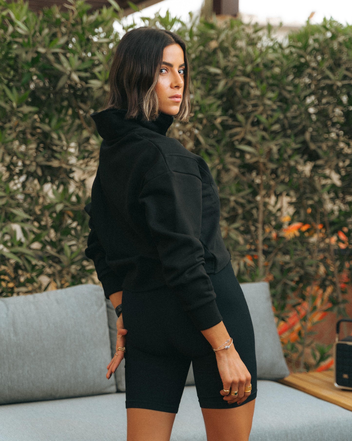 Black half-zip cropped sweatshirt