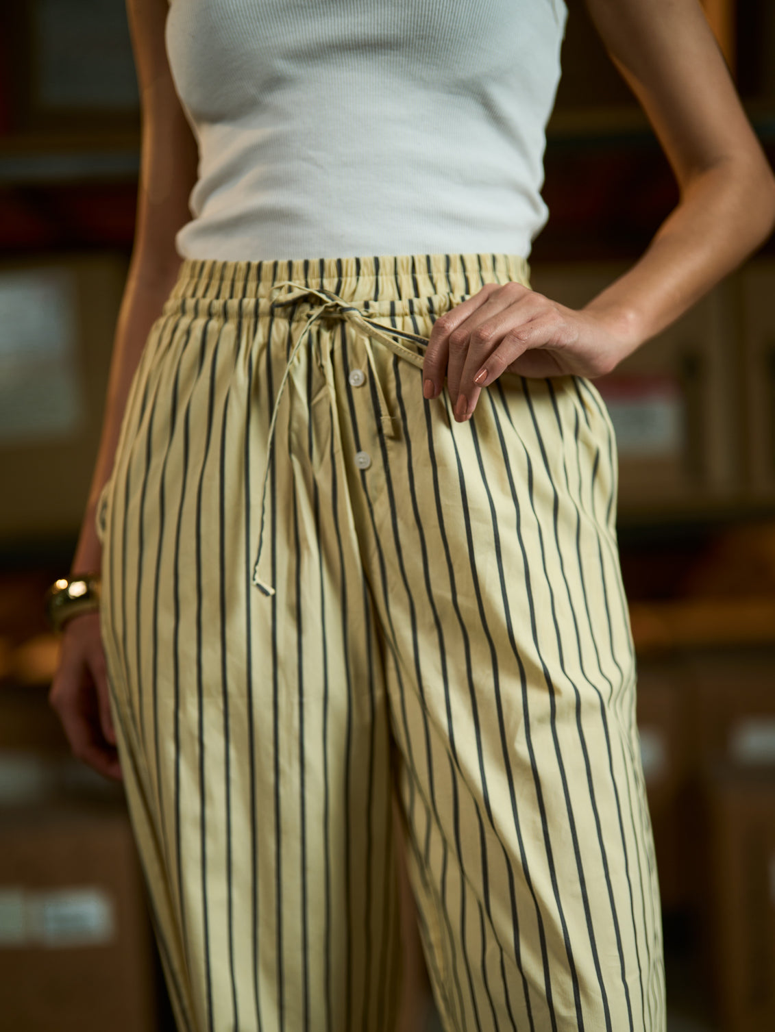 Yellow striped flowing Poplin pants