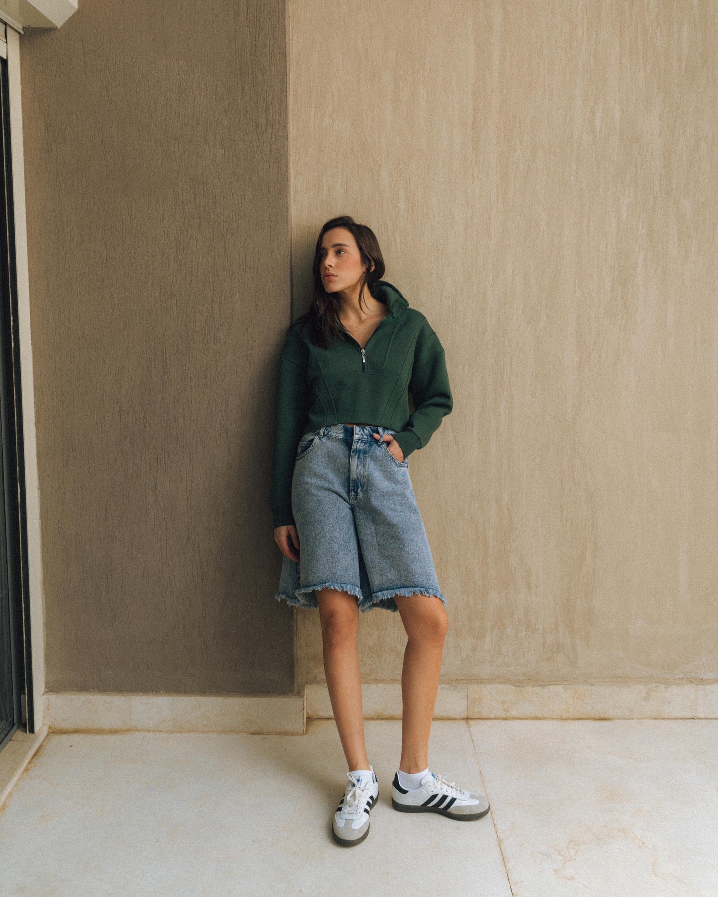 Green half-zip cropped sweatshirt