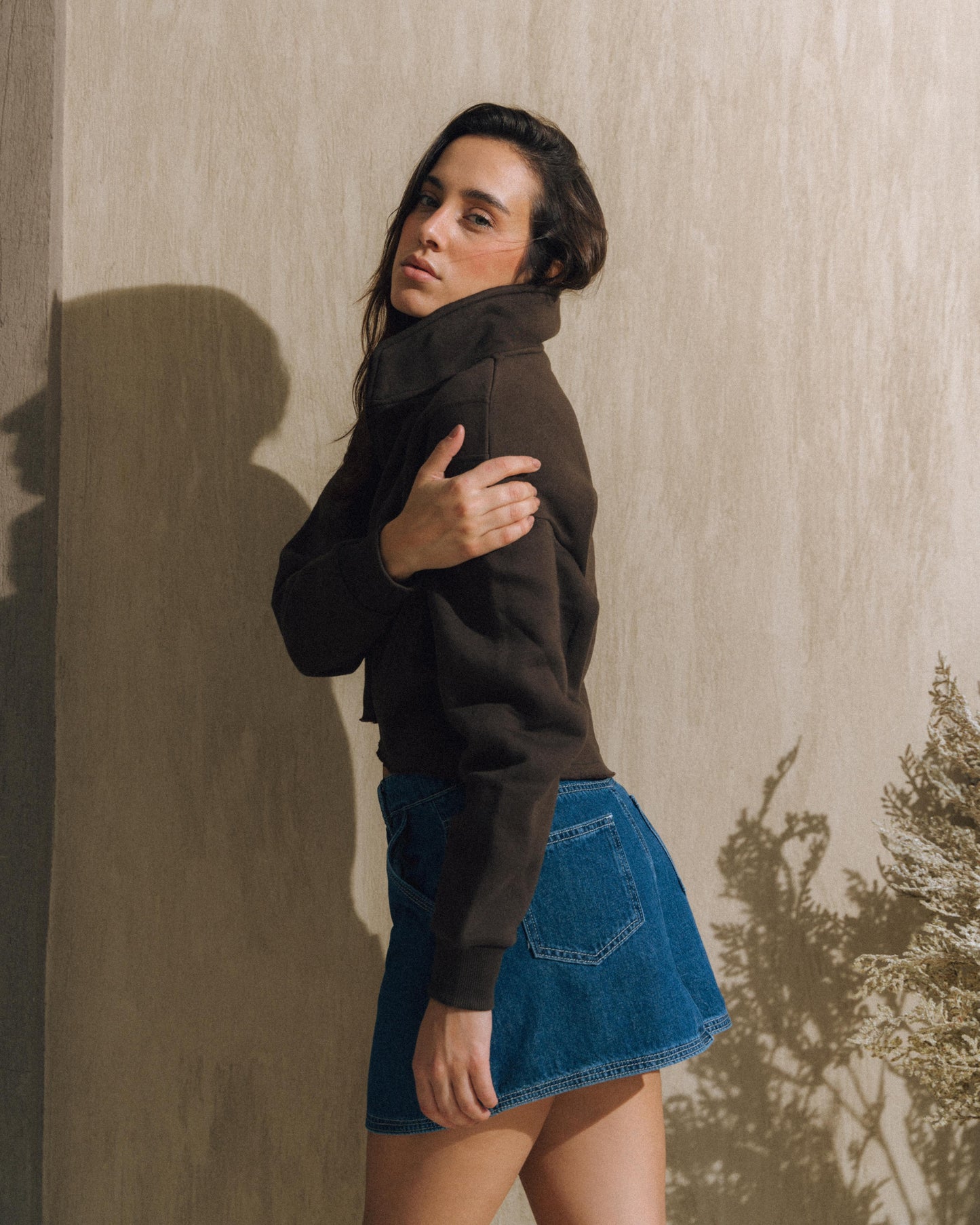 Brown half-zip cropped sweatshirt