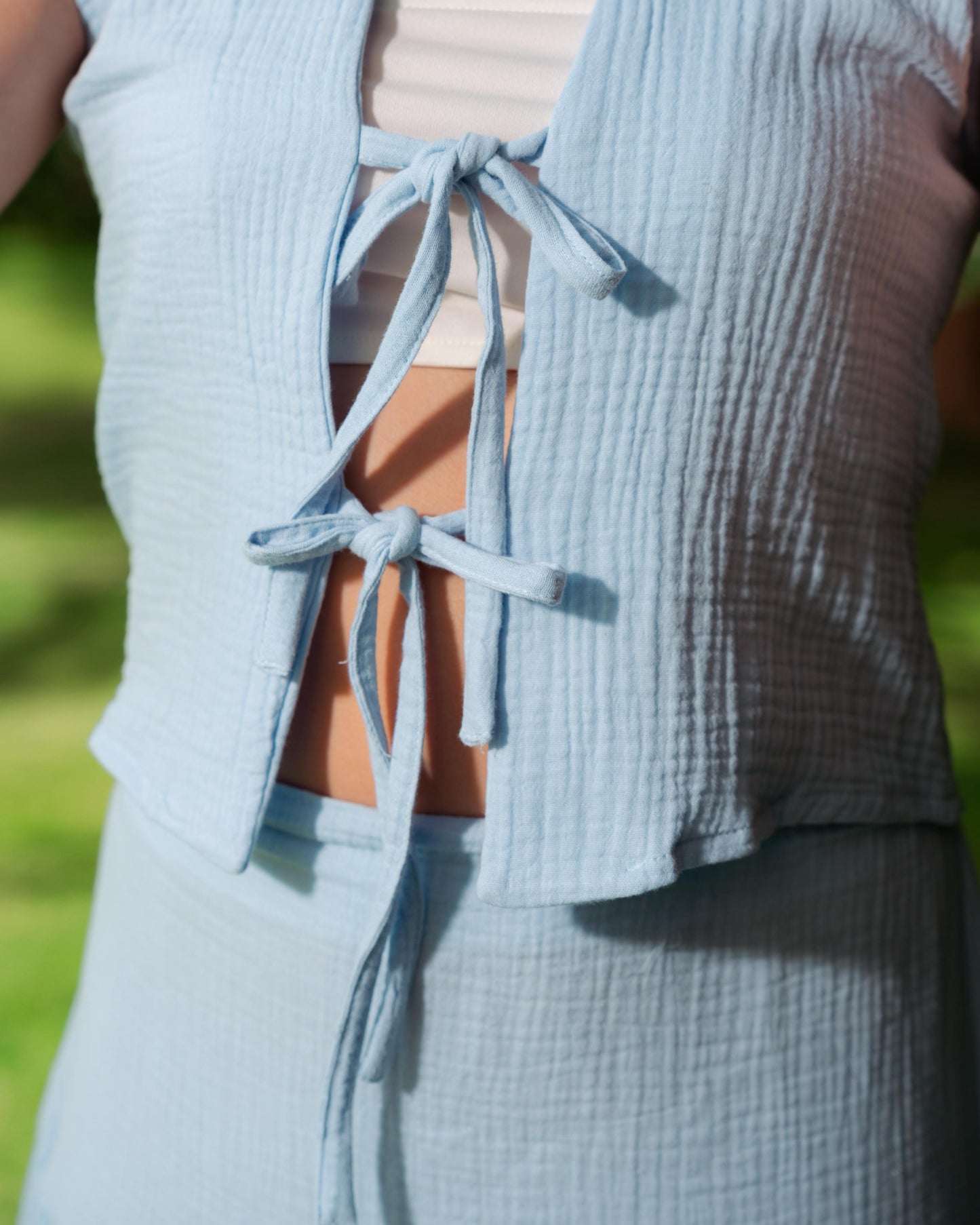Baby blue linen look cotton vest