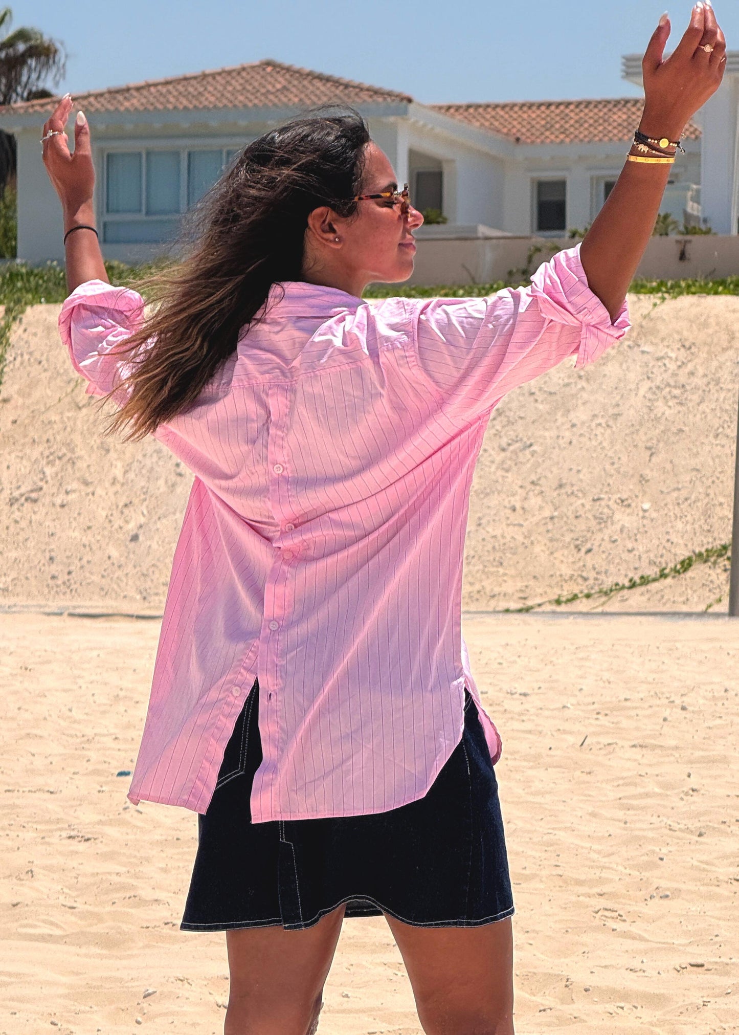 Pink oversized striped poplin shirt
