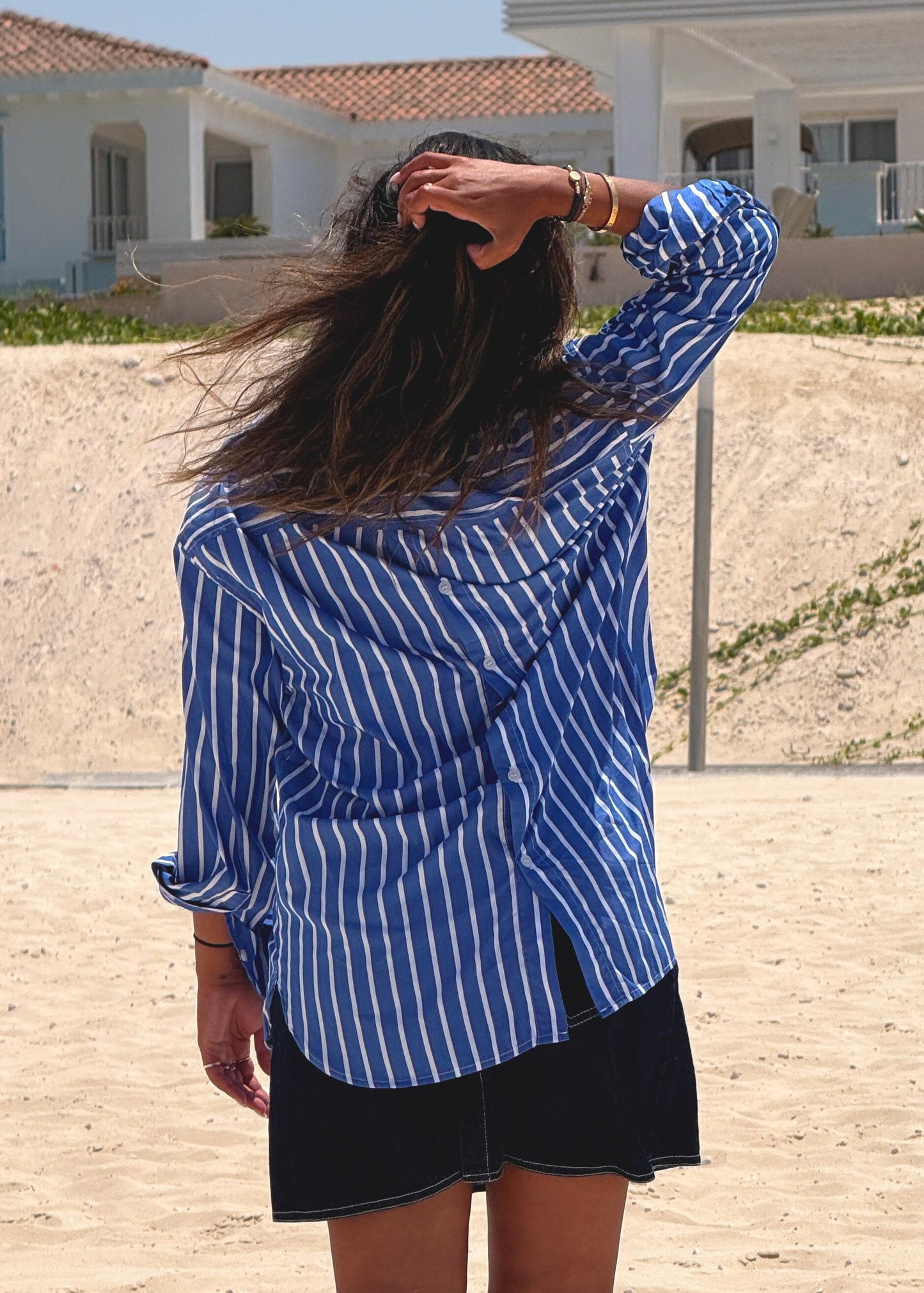 Blue oversized striped poplin shirt