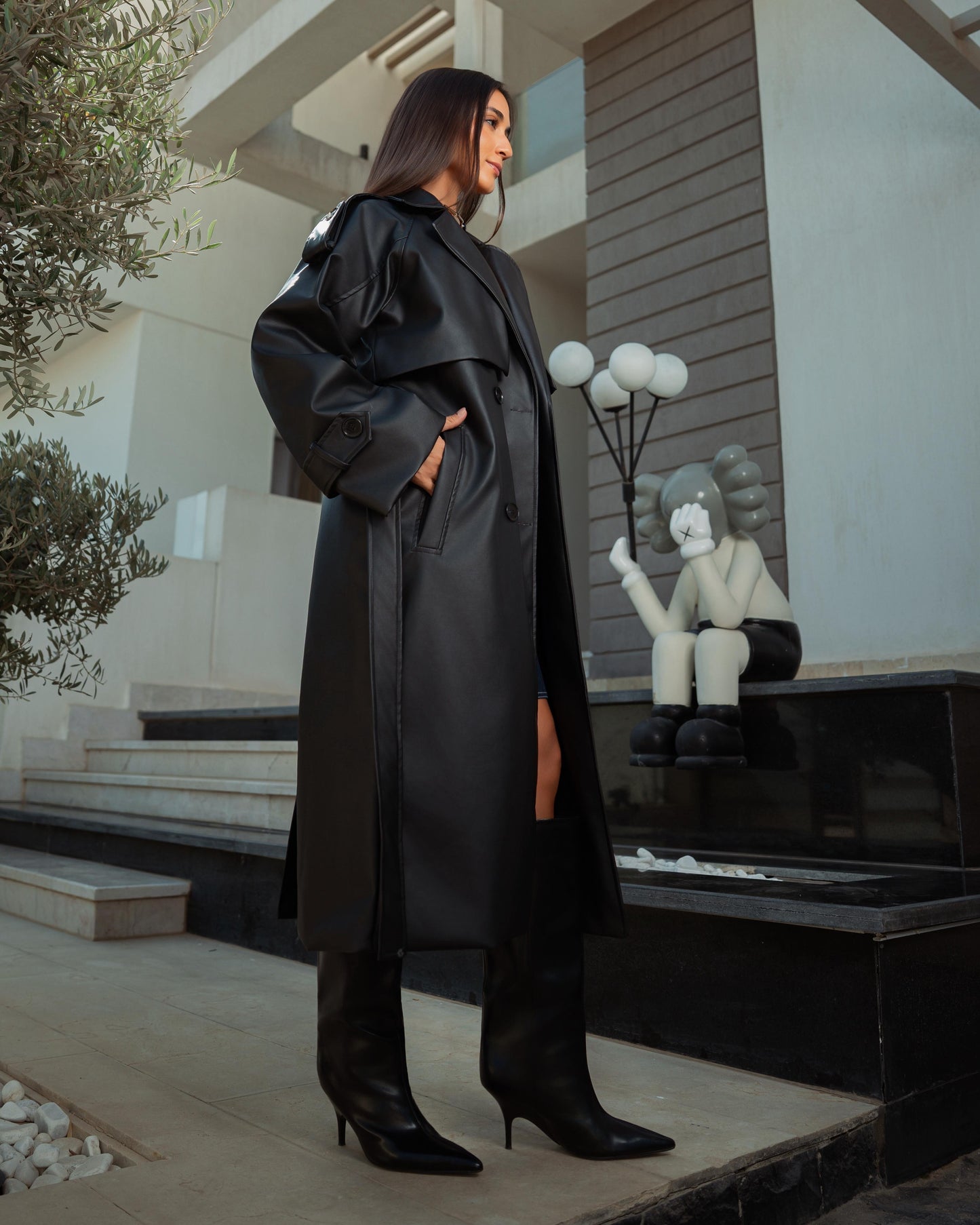 Black leather trench coat