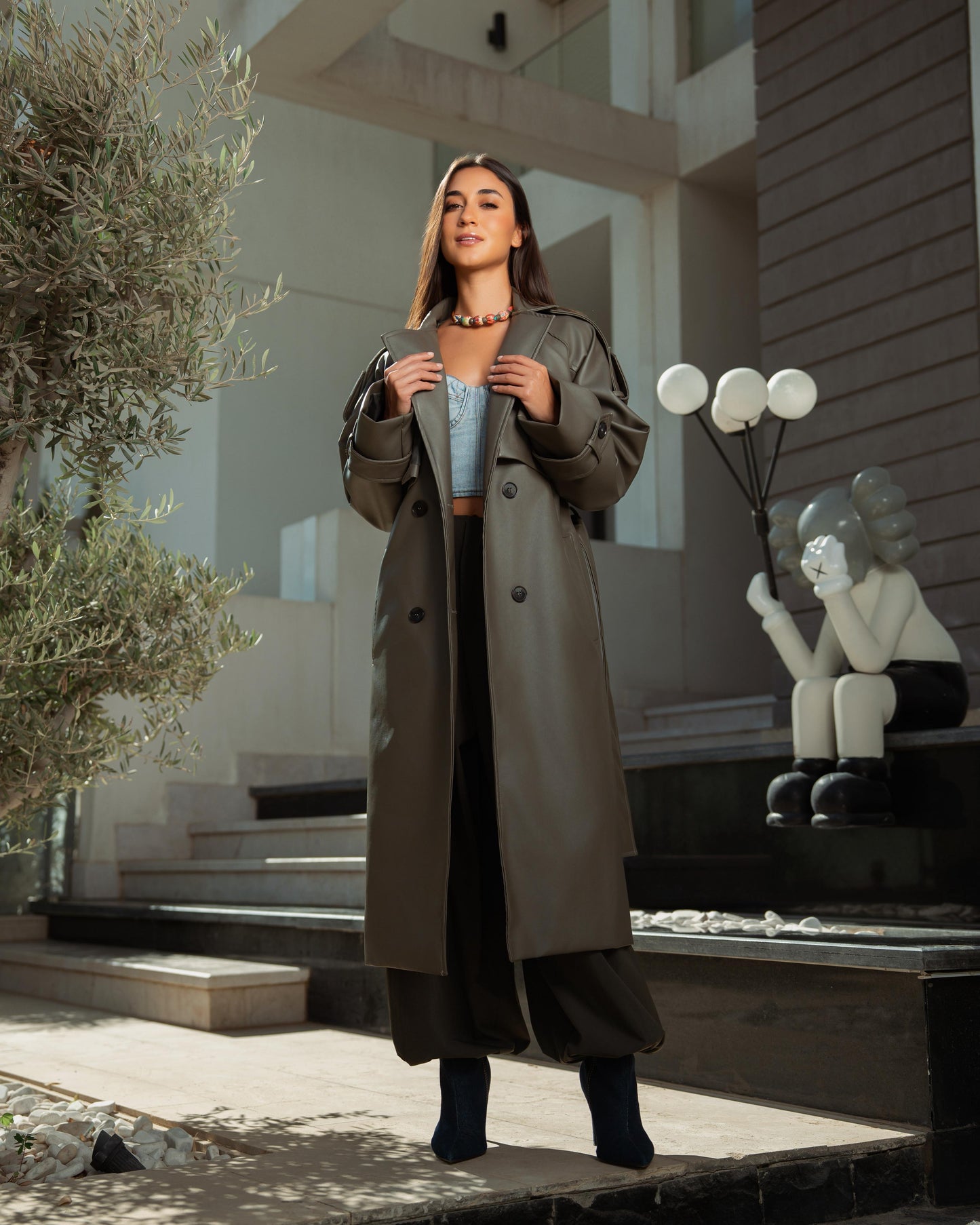 Olive leather trench coat