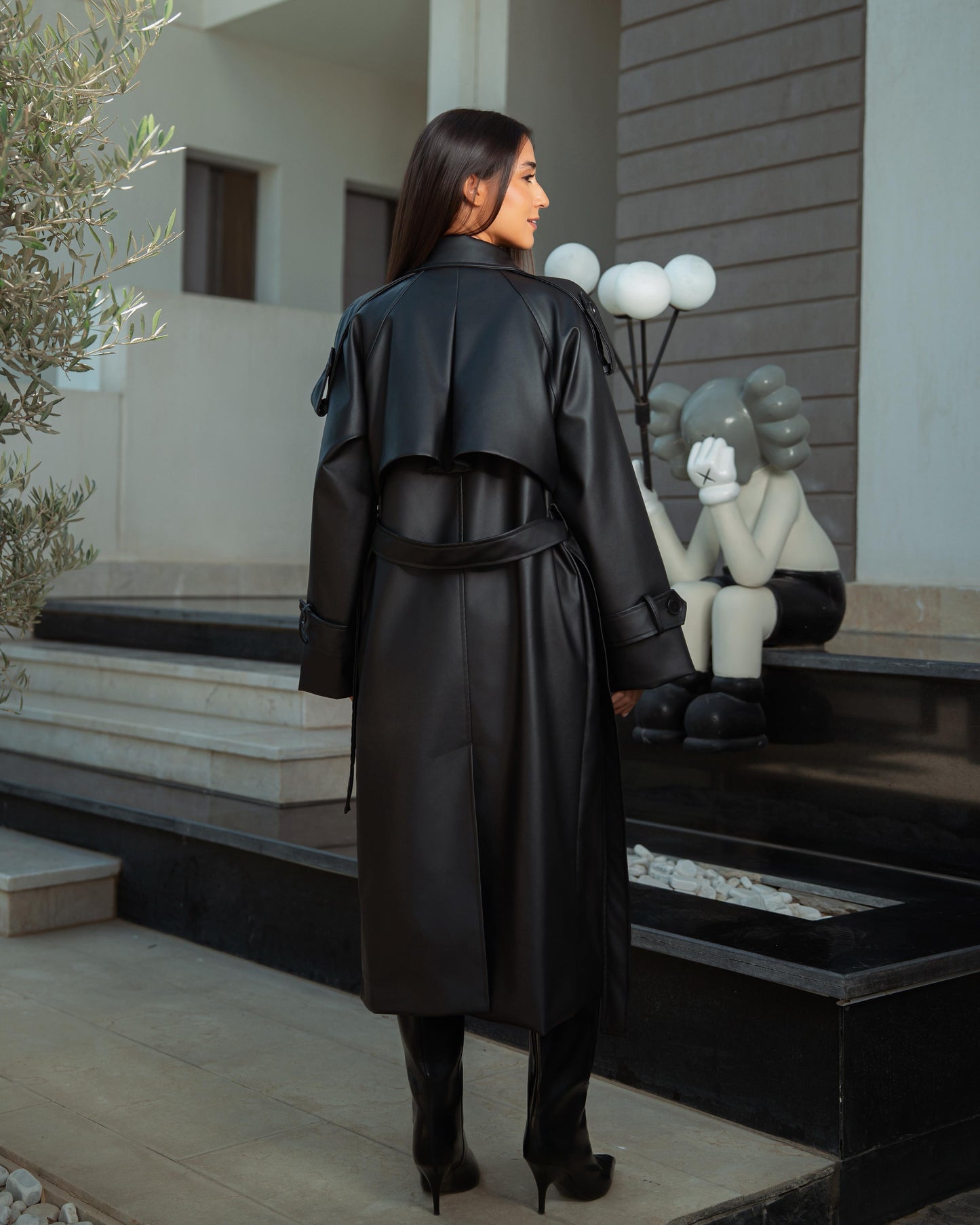 Black leather trench coat