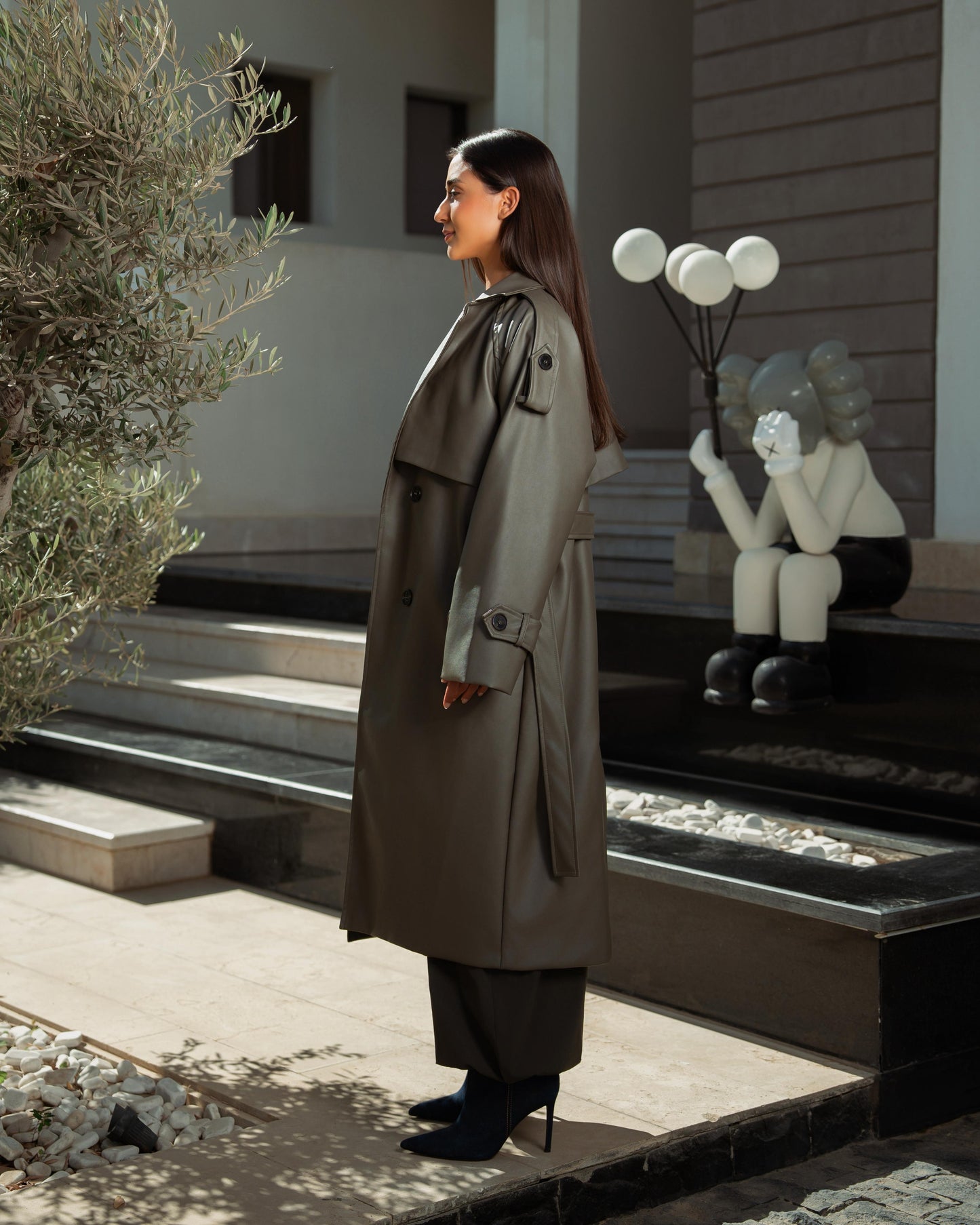 Olive leather trench coat