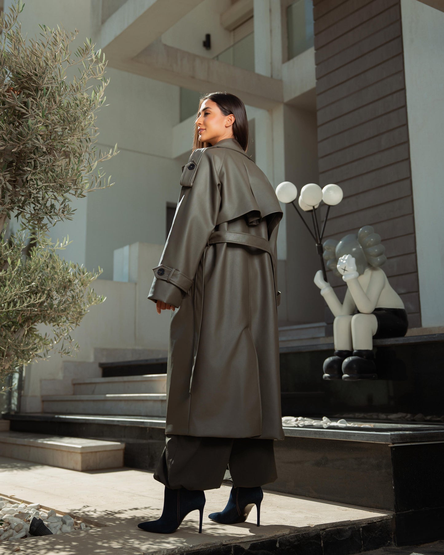 Olive leather trench coat