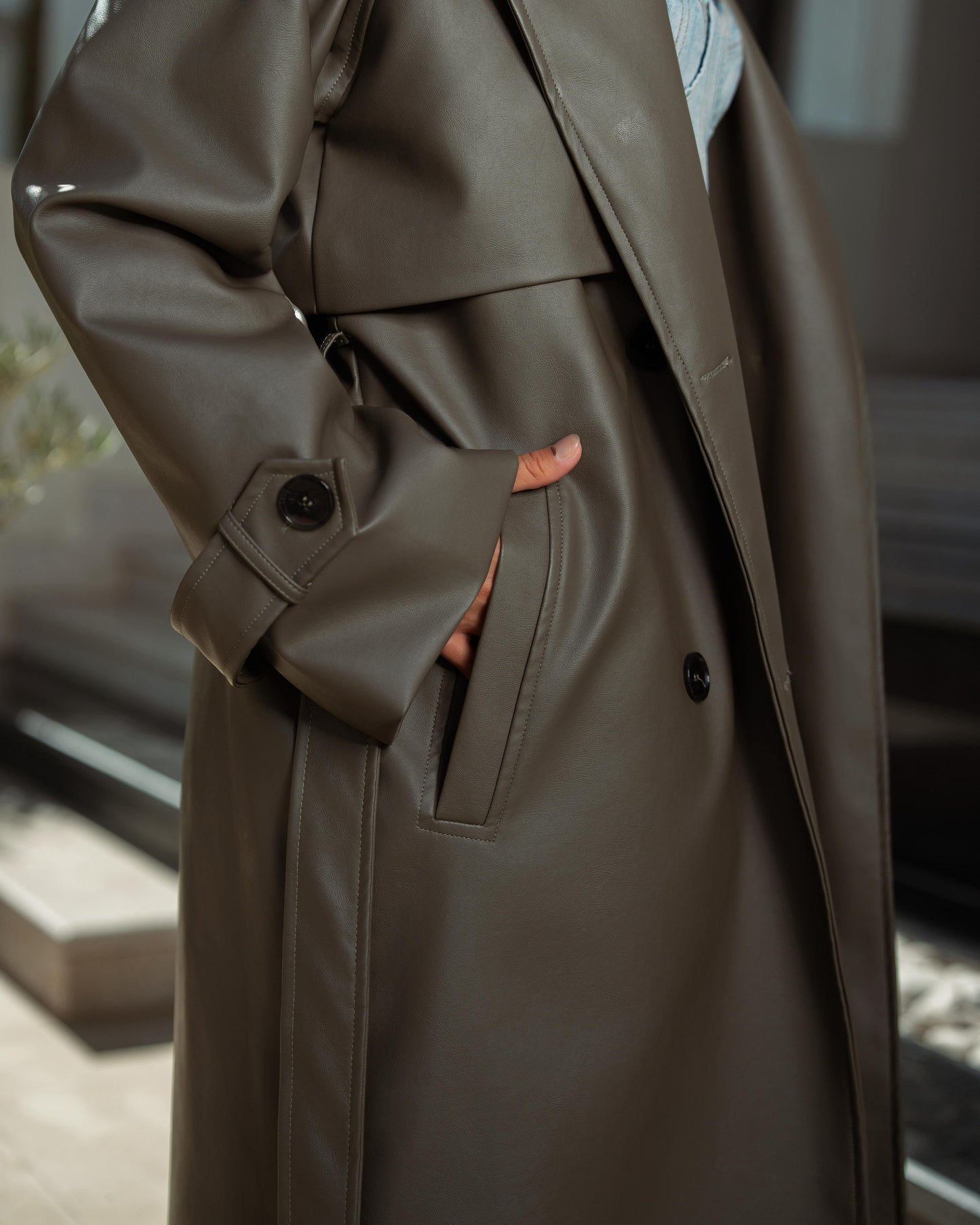 Olive leather trench coat