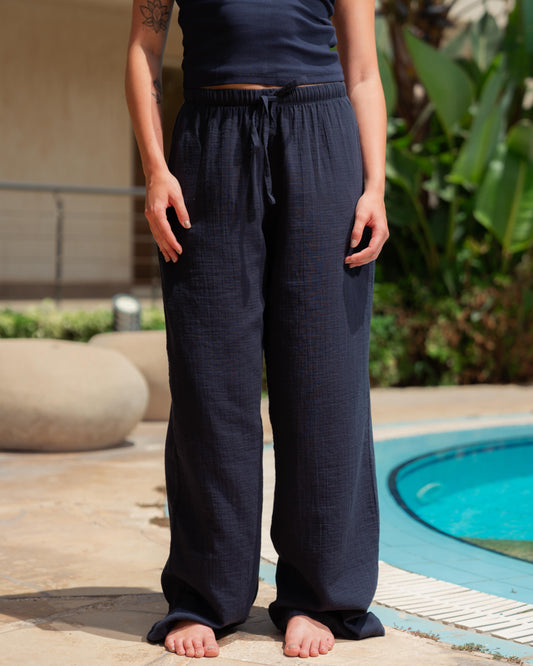 Navy linen look cotton pants
