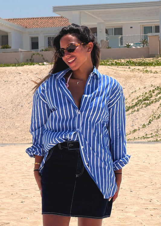 Blue oversized striped poplin shirt